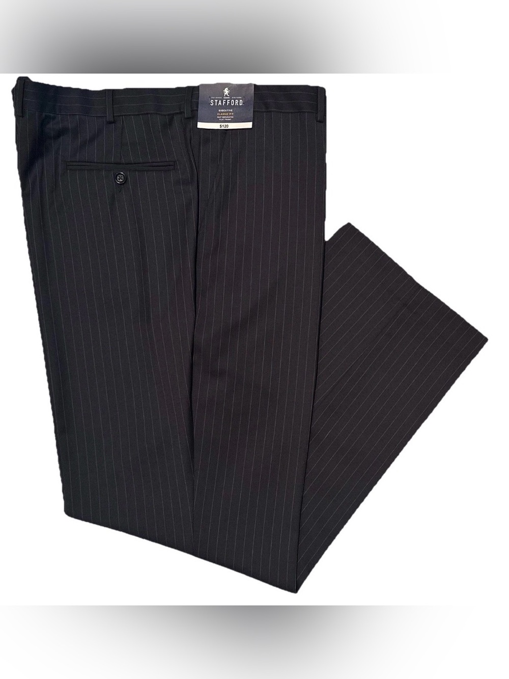 $120 NEW STAFFORD DRESS PANTS 44 X 30 CLASSIC FIT WOOL NAVY w CREAM PINSTRIPES